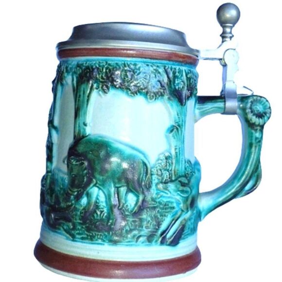 Vintage German Beer Stein Blue Green Glaze Hunter after Deer Hinged Pewter Lid - Picture 1 of 9